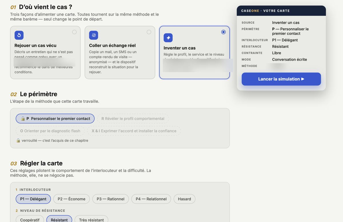 L'interface de création de carte CaseOne : source du cas, périmètre, profil de l'interlocuteur, niveau de résistance