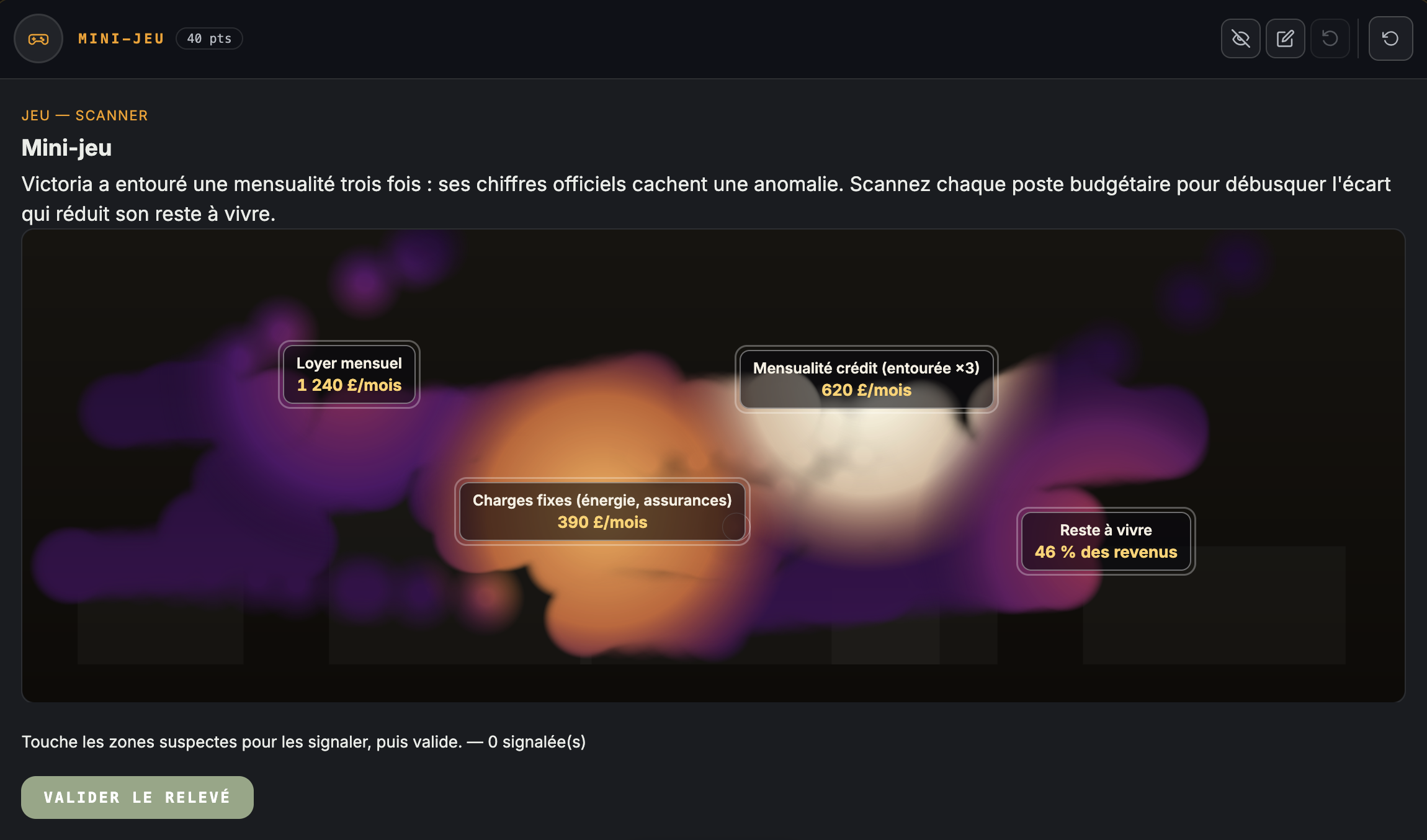 Mini-jeu du scanner : signaler les zones suspectes d'un relevé pour révéler l'anomalie