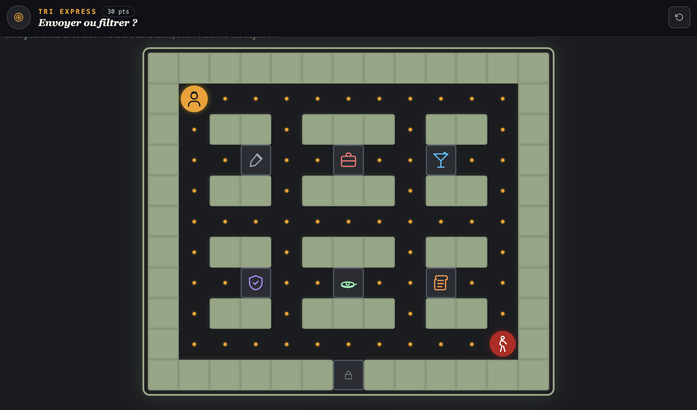 Mini-jeu tri express : un labyrinthe façon pac-man où l'on collecte les bons éléments